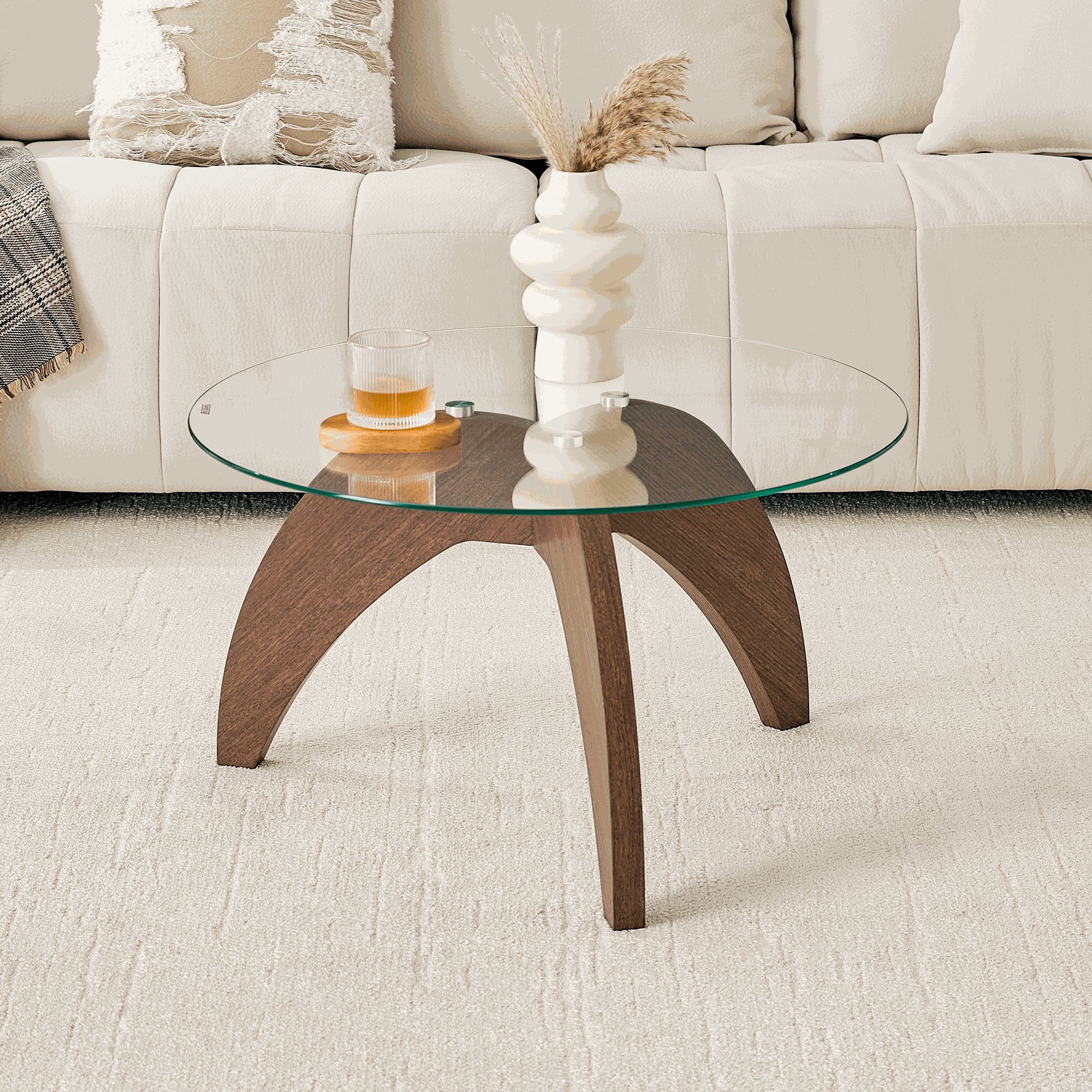Creative claw-style triangular-leg round coffee table with clear tempered glass top and walnut-colored MDF, 27.5 inches diameter