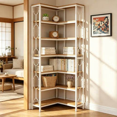 7-tier corner shelf with hexagonal design and black metal frame for stylish space-saving storage
