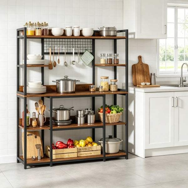 Large Bakers Rack 5-tier storage rack with metal grid and S-hooks for kitchen organization