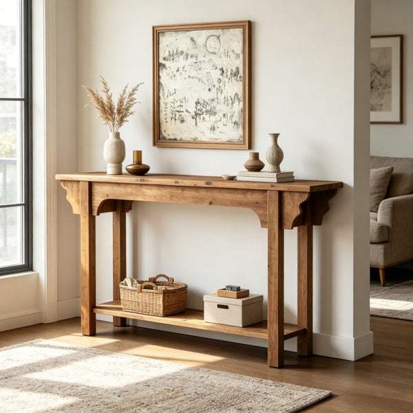 Solid wood long console table with traditional design and decorative brackets