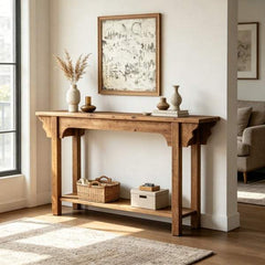Solid wood long console table with traditional design and decorative brackets