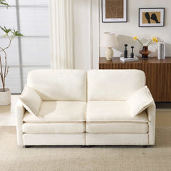 69-inch beige plush cloud loveseat sectional sofa with chenille cushions and throw pillows in modern living room setting