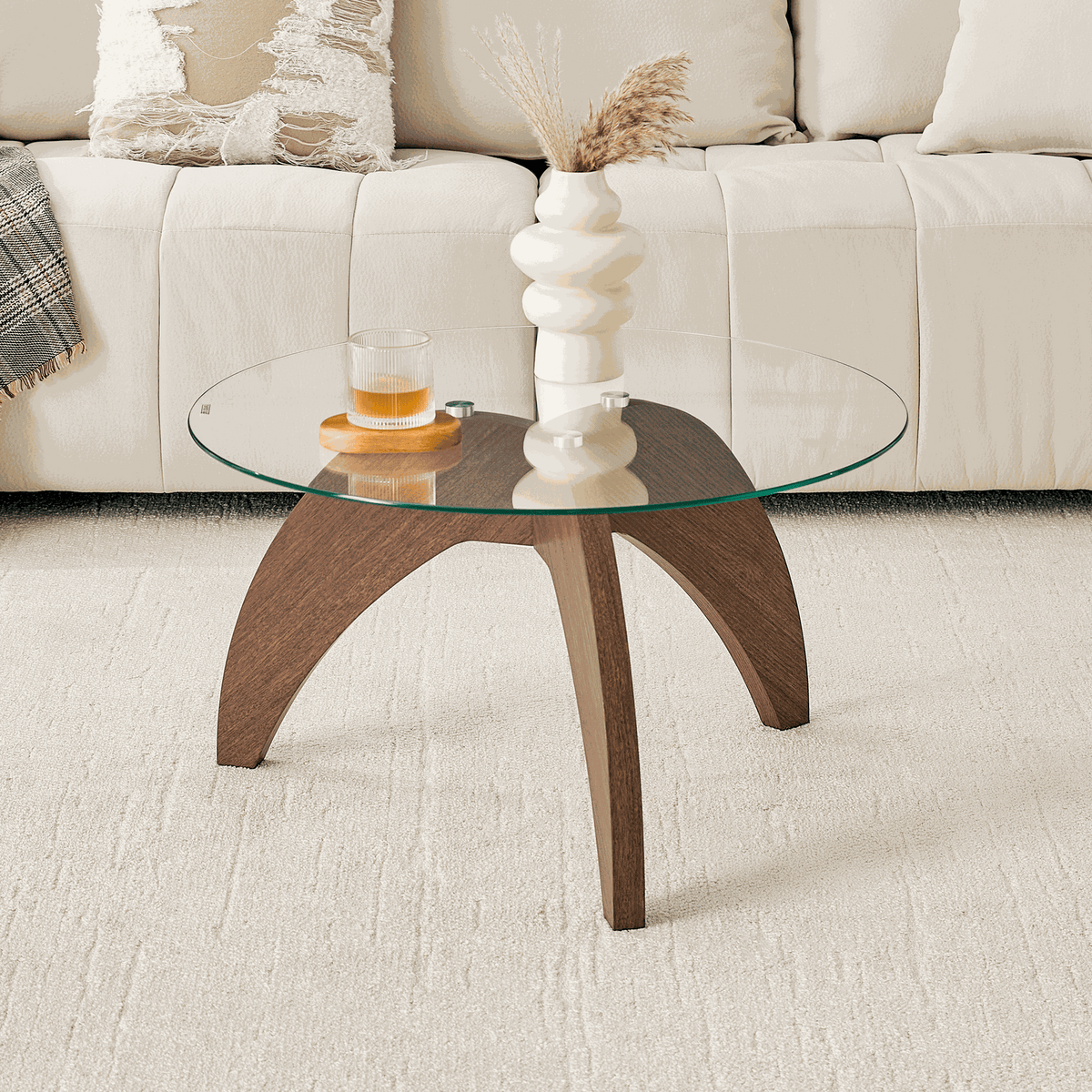 Creative claw-style triangular-leg round coffee table with clear tempered glass top and walnut-colored MDF, 27.5 inches diameter