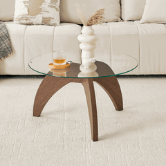 Creative claw-style triangular-leg round coffee table with clear tempered glass top and walnut-colored MDF, 27.5 inches diameter
