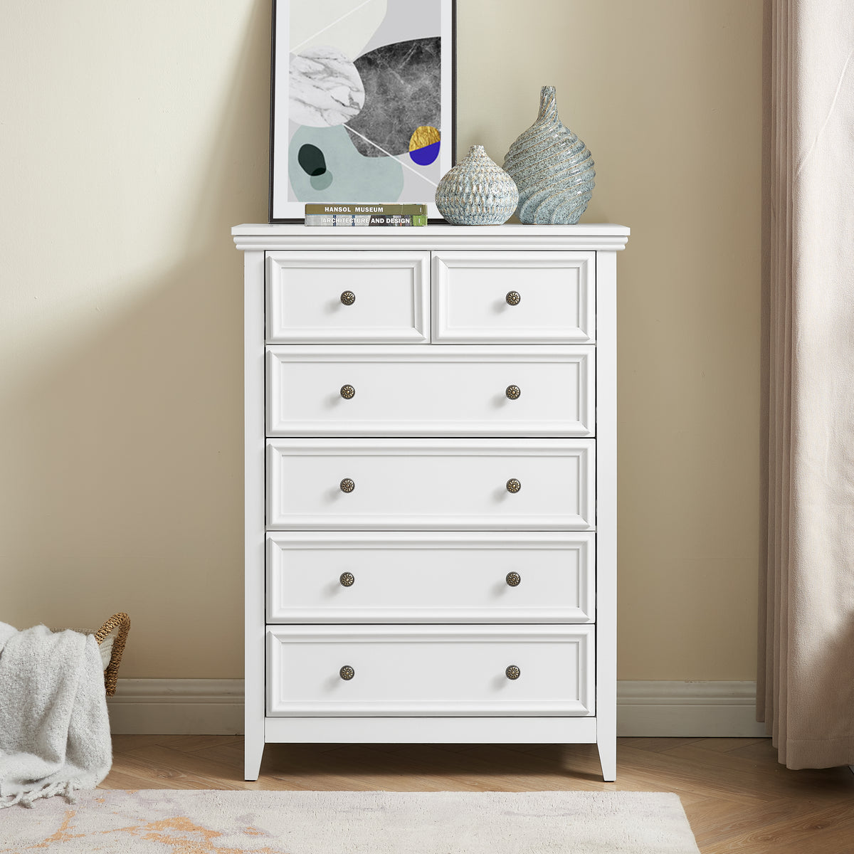 Modern 6 Drawers Dresser 6 Drawers Cabinet,Chest Of Drawers Closet Organizers And Storage Clothes Storage Drawers Cabinet For Living Room, Farmhouse Dresser Organizer White