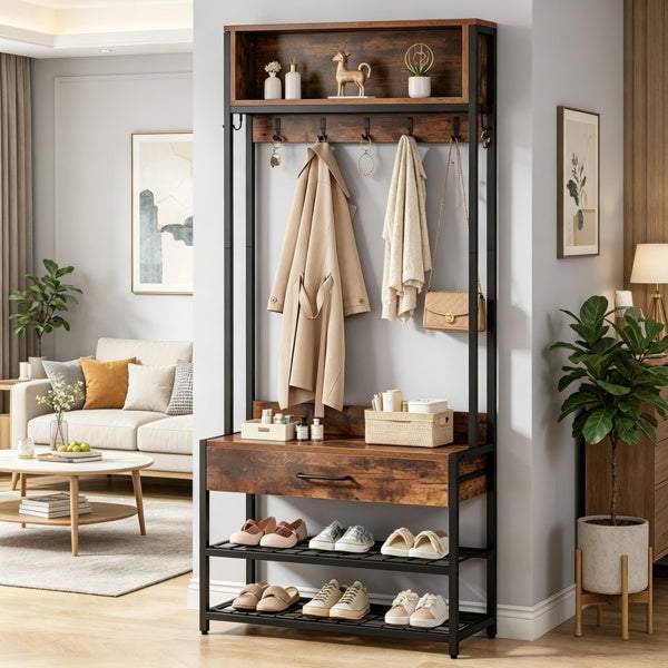 Versatile Hall Tree with bench, shoe rack, coat hooks, and top shelf in black metal frame for entryway organization