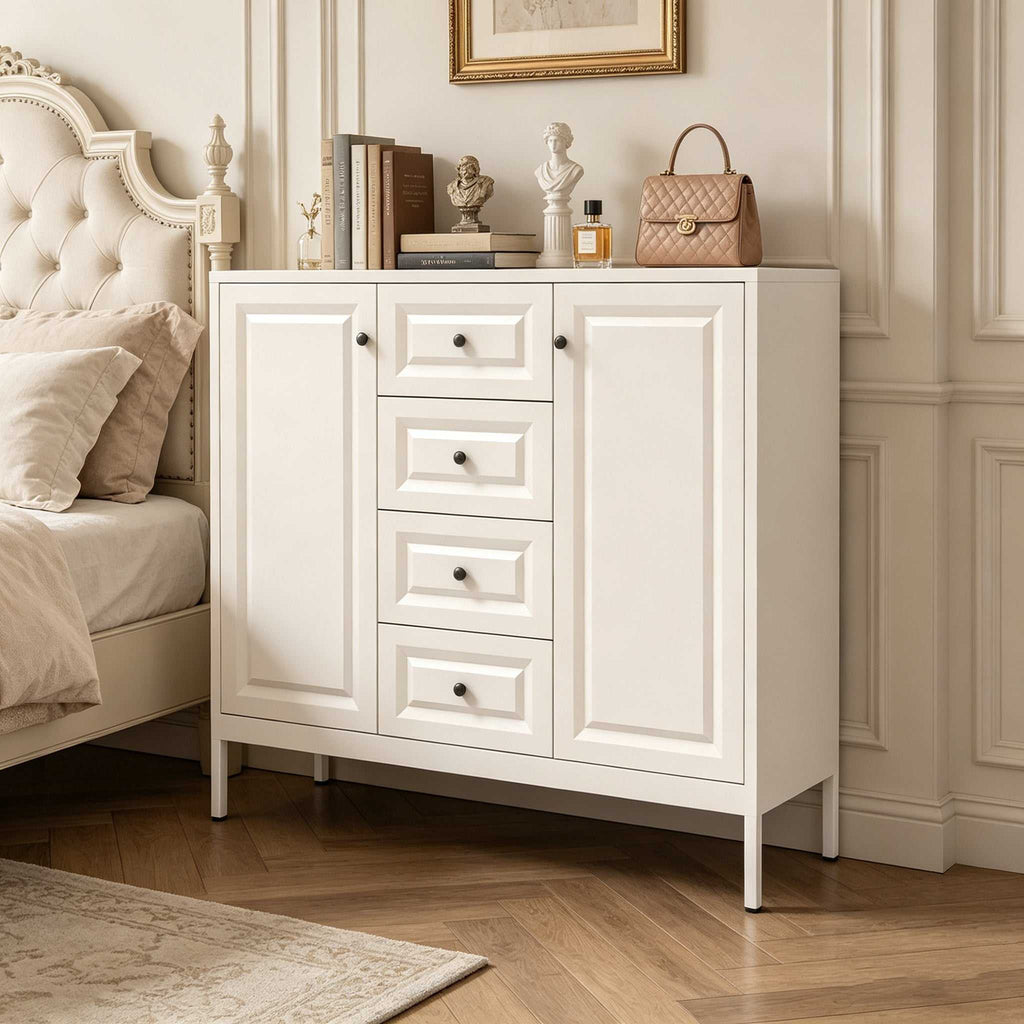 Beige 40.16'' steel storage sideboard buffet cabinet with 4 drawers and 2 doors in living room setting