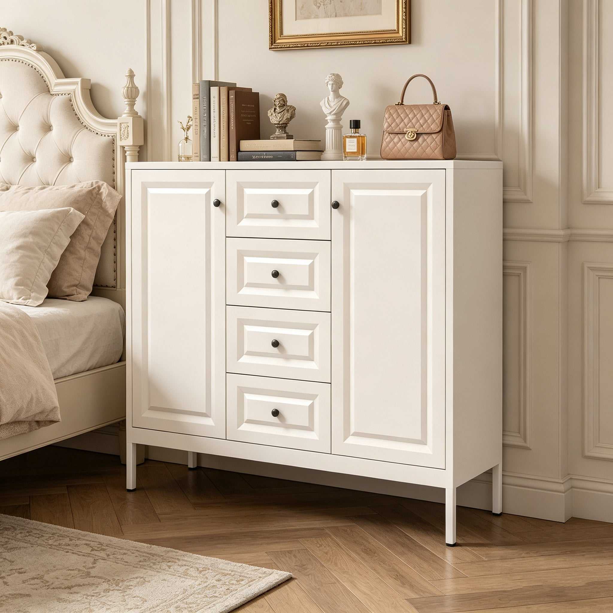 Beige 40.16'' steel storage sideboard buffet cabinet with 4 drawers and 2 doors in living room setting