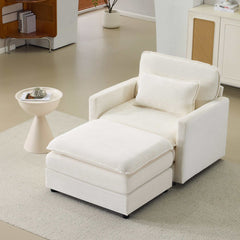 Beige 54-inch Plush Cloud Sofa modular single ottoman with 22 chenille cushions and throw pillow in modern living room setting