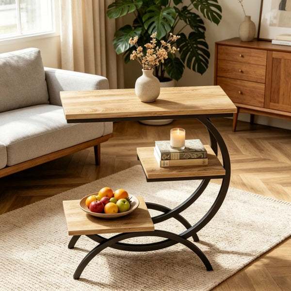 Chic C-shape end table with matte black metal frame and rustic brown tabletop, three-tier storage, compact design for small spaces