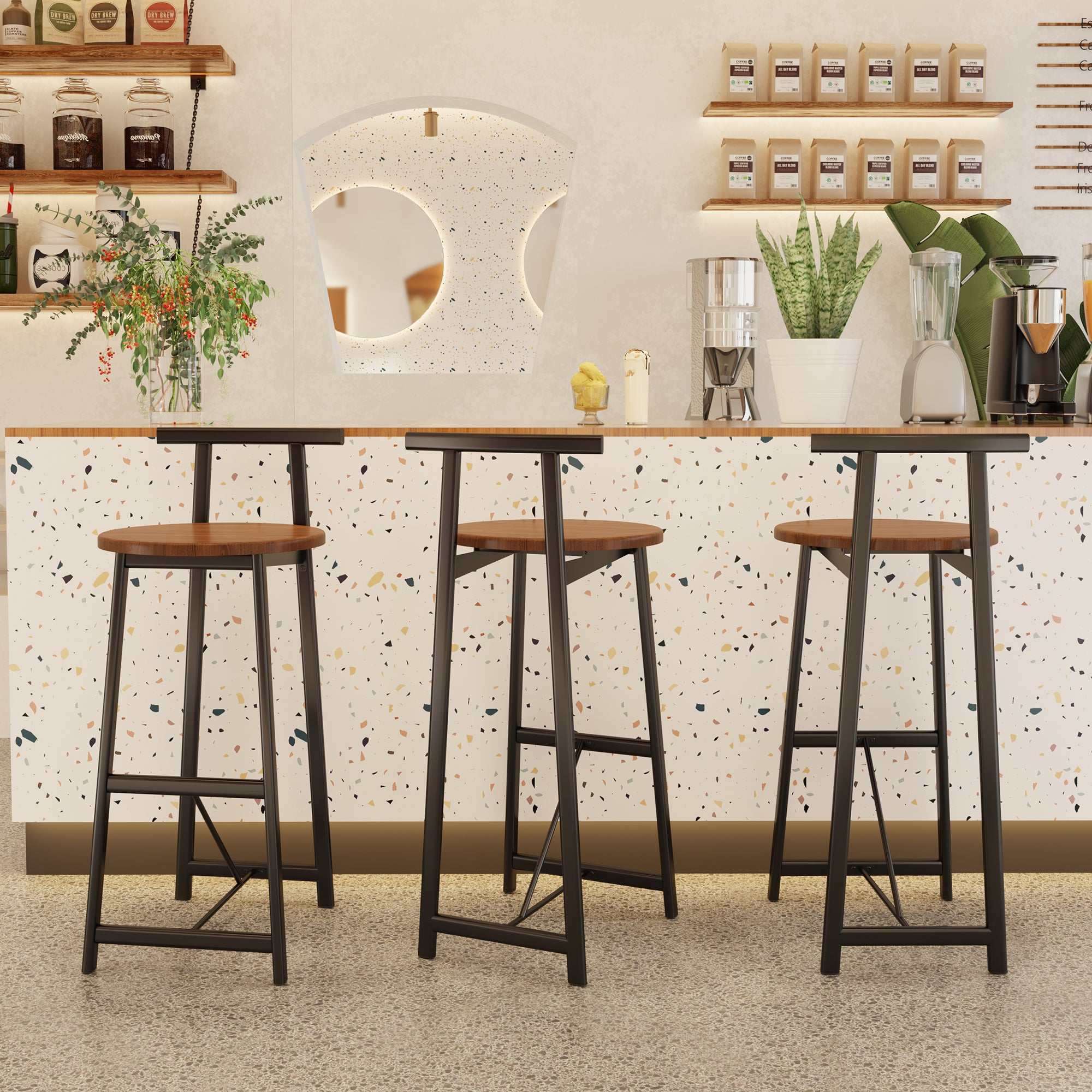 Set of 3 modern black and walnut brown bar stools with backrest and metal frame for kitchen island