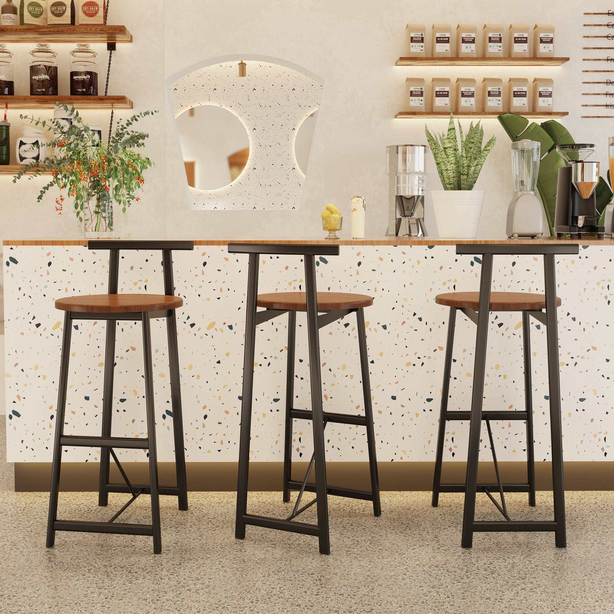 Set of 3 modern black and walnut brown bar stools with backrest and metal frame for kitchen island