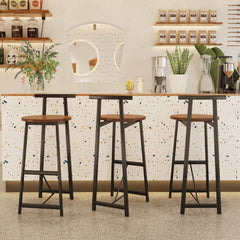 Set of 3 modern black and walnut brown bar stools with backrest and metal frame for kitchen island