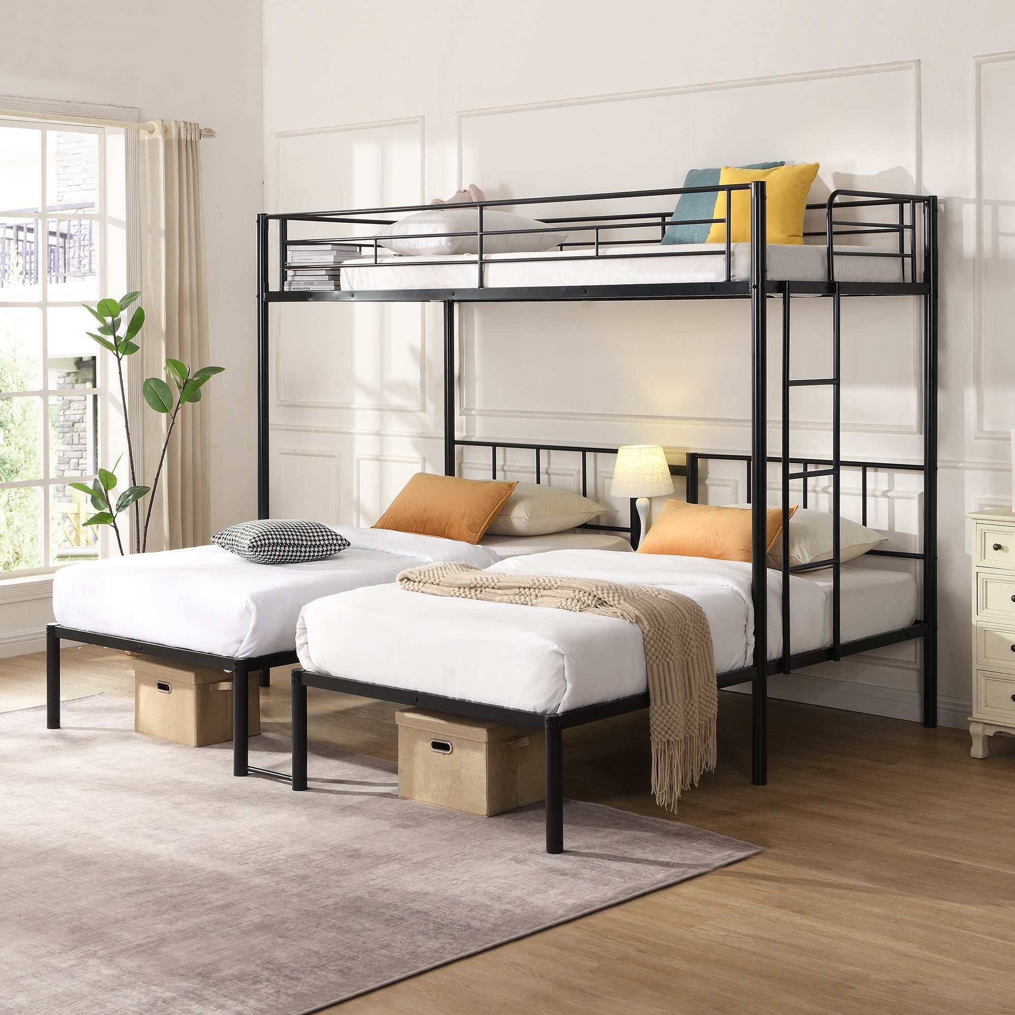 Black metal twin over twin over twin bunk bed with vertical ladder and safety rails
