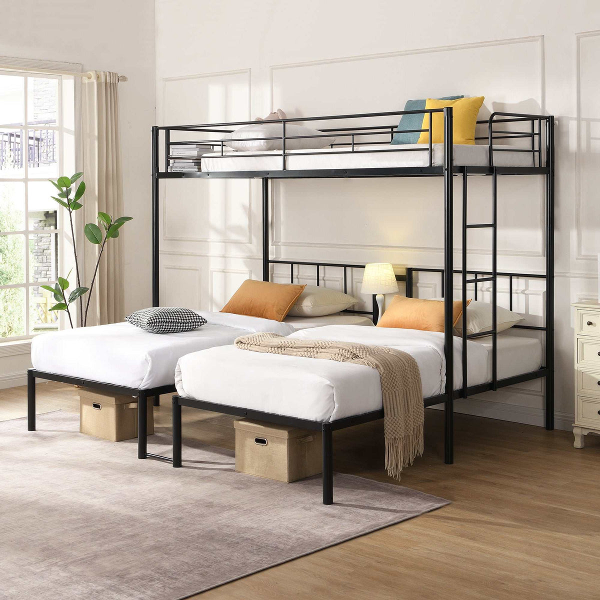Black metal twin over twin over twin bunk bed with vertical ladder and safety rails