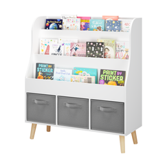 Kids Bookshelf With 3 Fabric Storage Bins, White Wooden Book Display Organizer For Toddlers And Children, Front-Facing Book Rack With Pine Legs For Playroom, Nursery, Or Bedroom