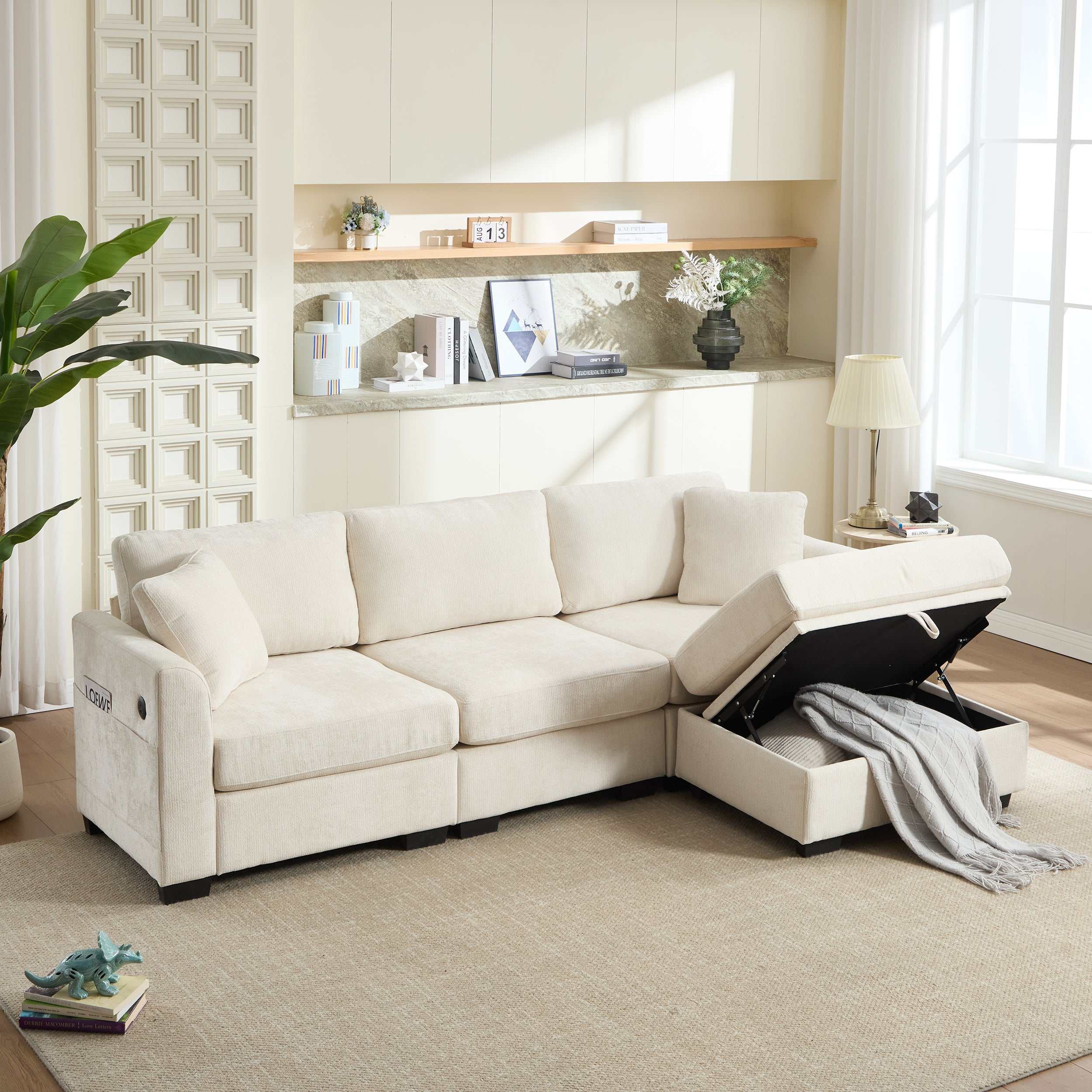 Beige modern L-shaped storage sofa with dual USB ports, side pockets, and ottoman storage bench