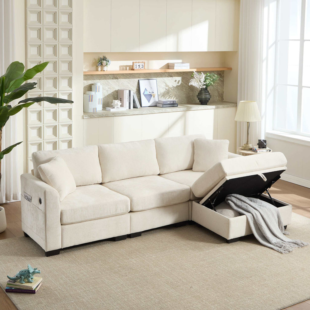 Beige modern L-shaped storage sofa with dual USB ports, side pockets, and ottoman storage bench