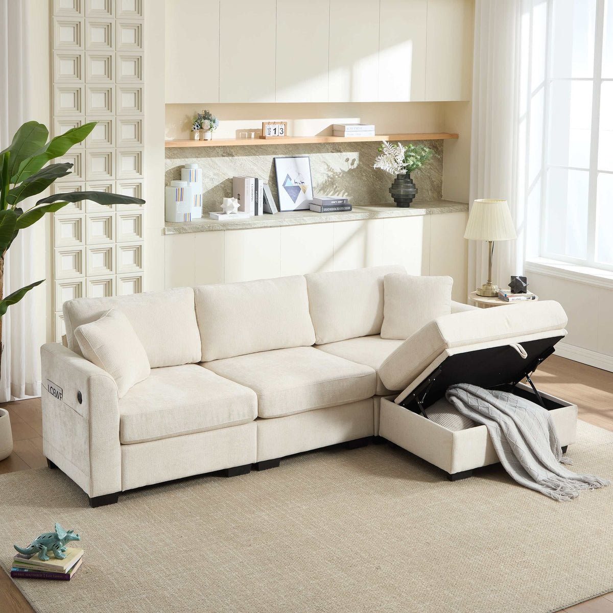 Beige modern L-shaped storage sofa with dual USB ports, side pockets, and ottoman storage bench