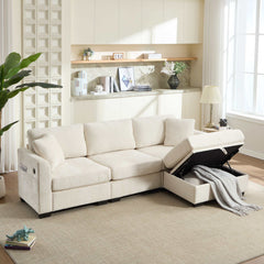 Beige modern L-shaped storage sofa with dual USB ports, side pockets, and ottoman storage bench