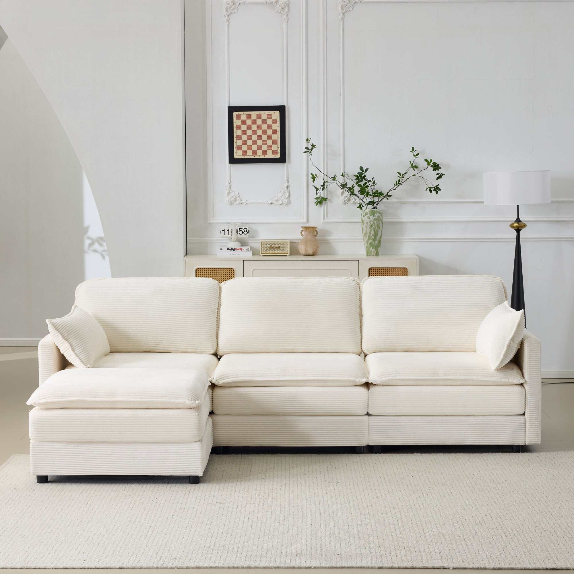 Beige Plush Cloud 3 Seater Sofa with modular ottoman and chenille cushions in modern living room setup