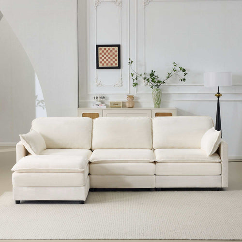 Beige Plush Cloud 3 Seater Sofa with modular ottoman and chenille cushions in modern living room setup