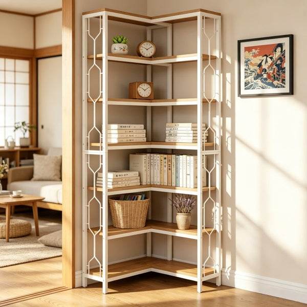7-tier corner shelf with hexagonal design and black metal frame for stylish space-saving storage