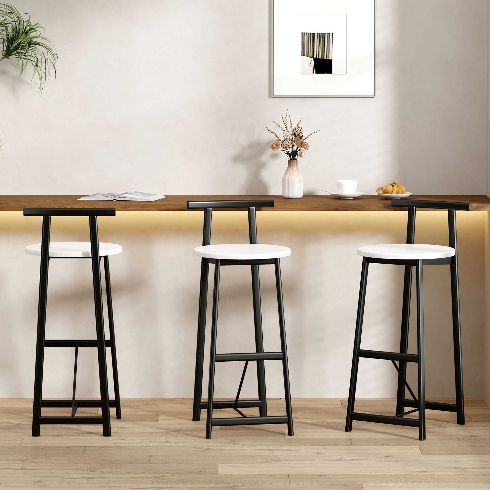 Set of 3 black and white metal kitchen island bar stools with backrest for dining room