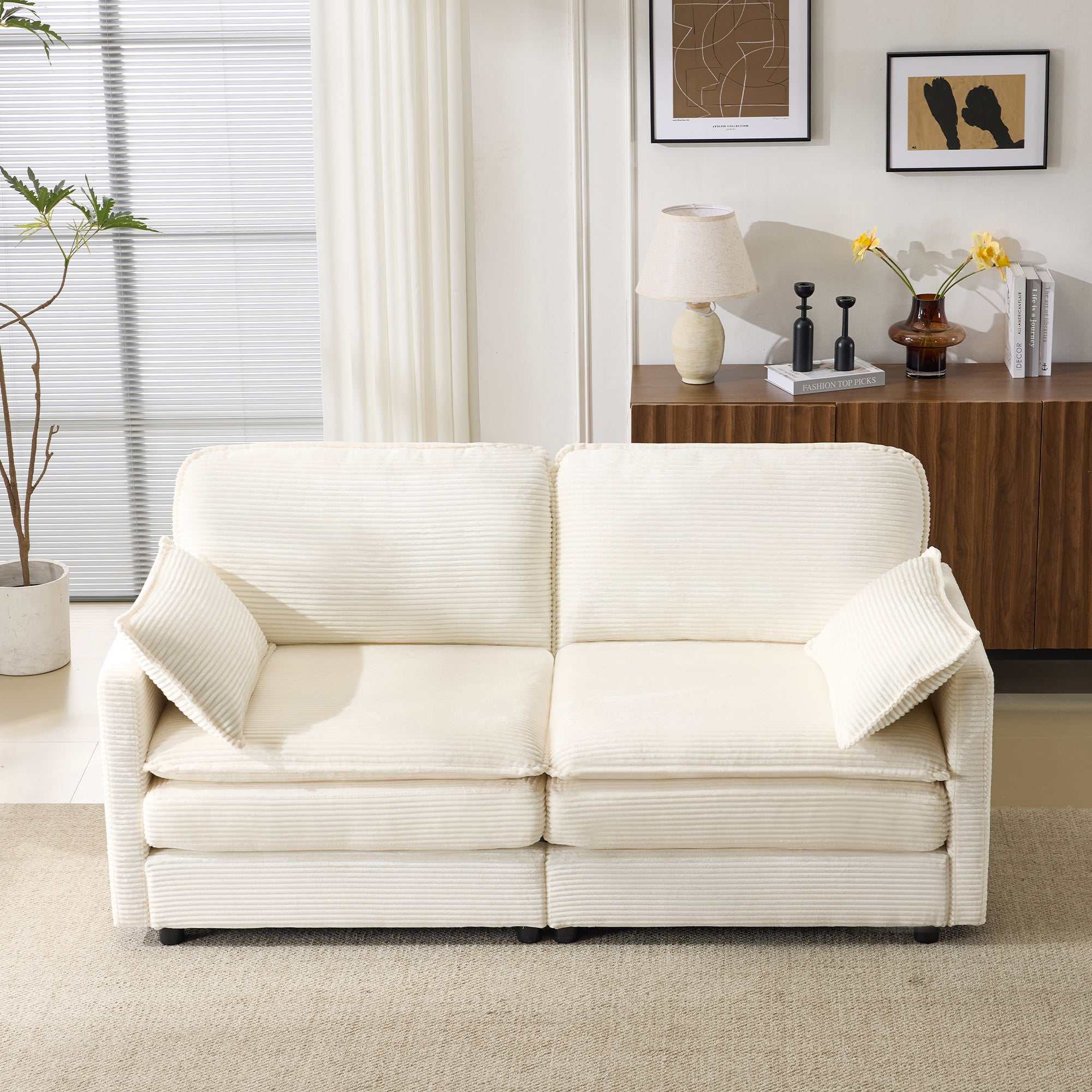 69-inch beige plush cloud loveseat sectional sofa with chenille cushions and throw pillows in modern living room setting