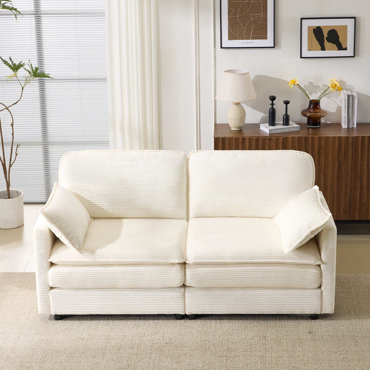 69-inch beige plush cloud loveseat sectional sofa with chenille cushions and throw pillows in modern living room setting