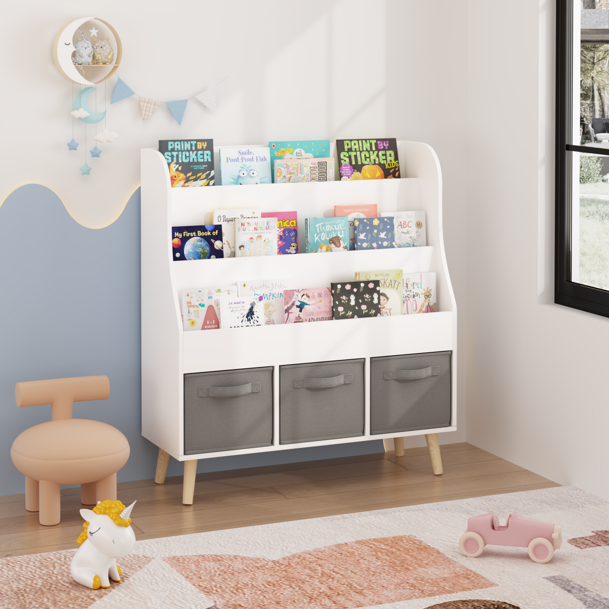 Kids Bookshelf With 3 Fabric Storage Bins, White Wooden Book Display Organizer For Toddlers And Children, Front-Facing Book Rack With Pine Legs For Playroom, Nursery, Or Bedroom